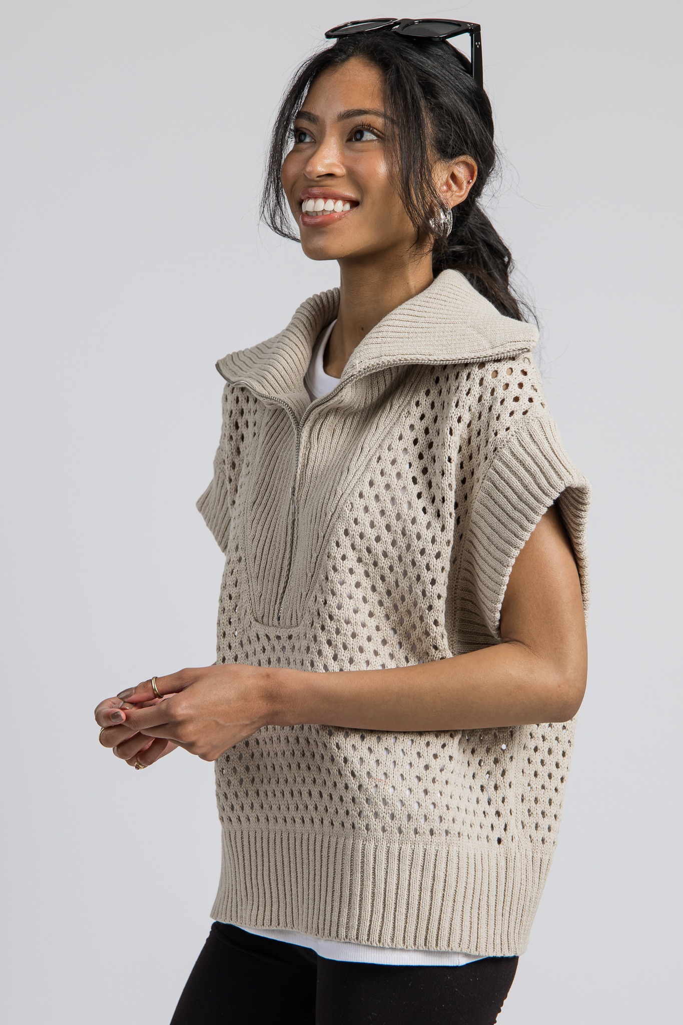 Half Zip Sweater Top, Stone - Tops - The Blue Door Boutique